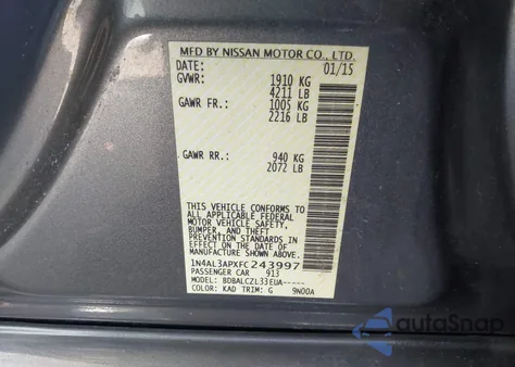 2015 Nissan Altima 2.5/2.5 S/2.5 Sl/2.5 Sv from USA, damaged, VIN 1N4AL3APXFC243997